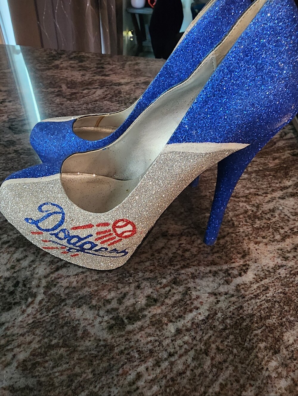 Custom Glitter Blue and Silver High Heel Pumps - Dodgers Design